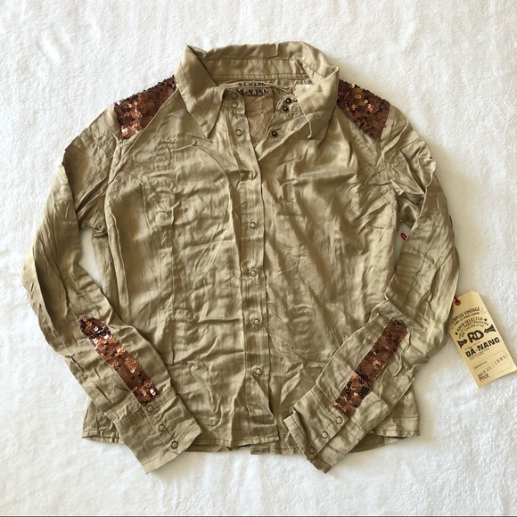 Da-Nang Brown Silk Sequin Long Sleeve Button Up - Picture 1 of 11